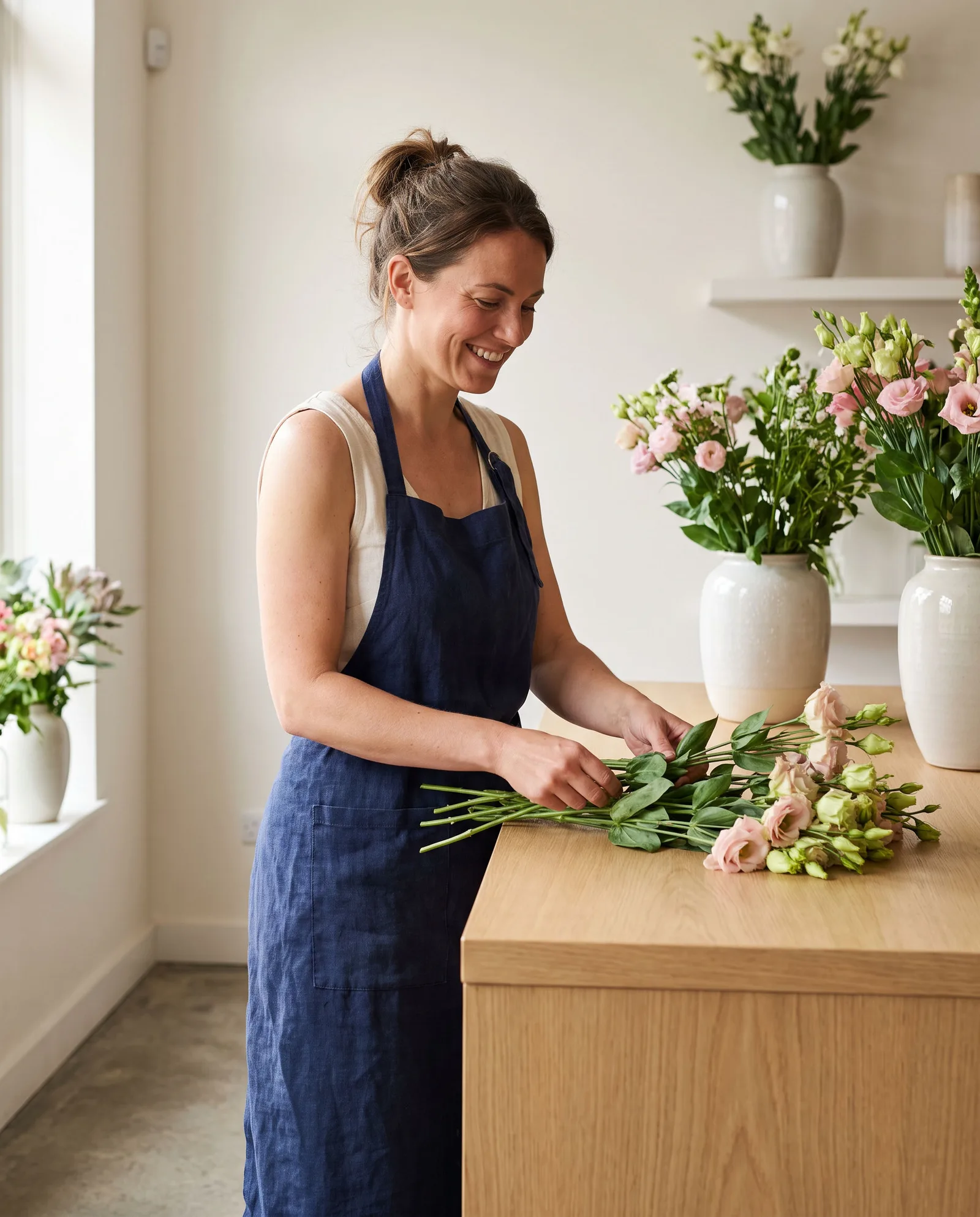 A florist smiling while arranging flowers in her shop