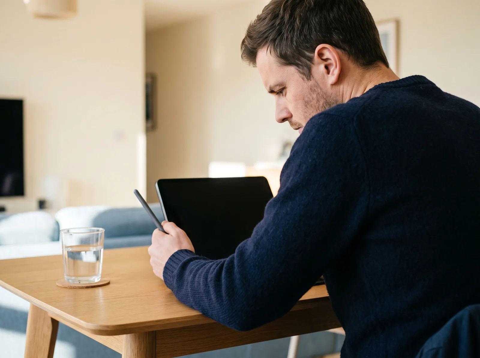 A bookkeeper carefully reviewing work on a tablet